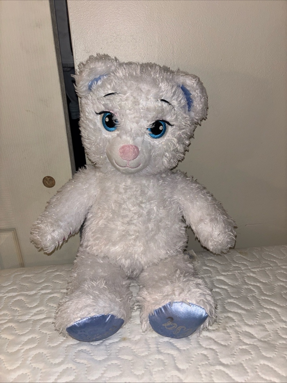 Build-A-Bear White Plush Teddy with Blue Eyes and Blue Satin Paw Pads